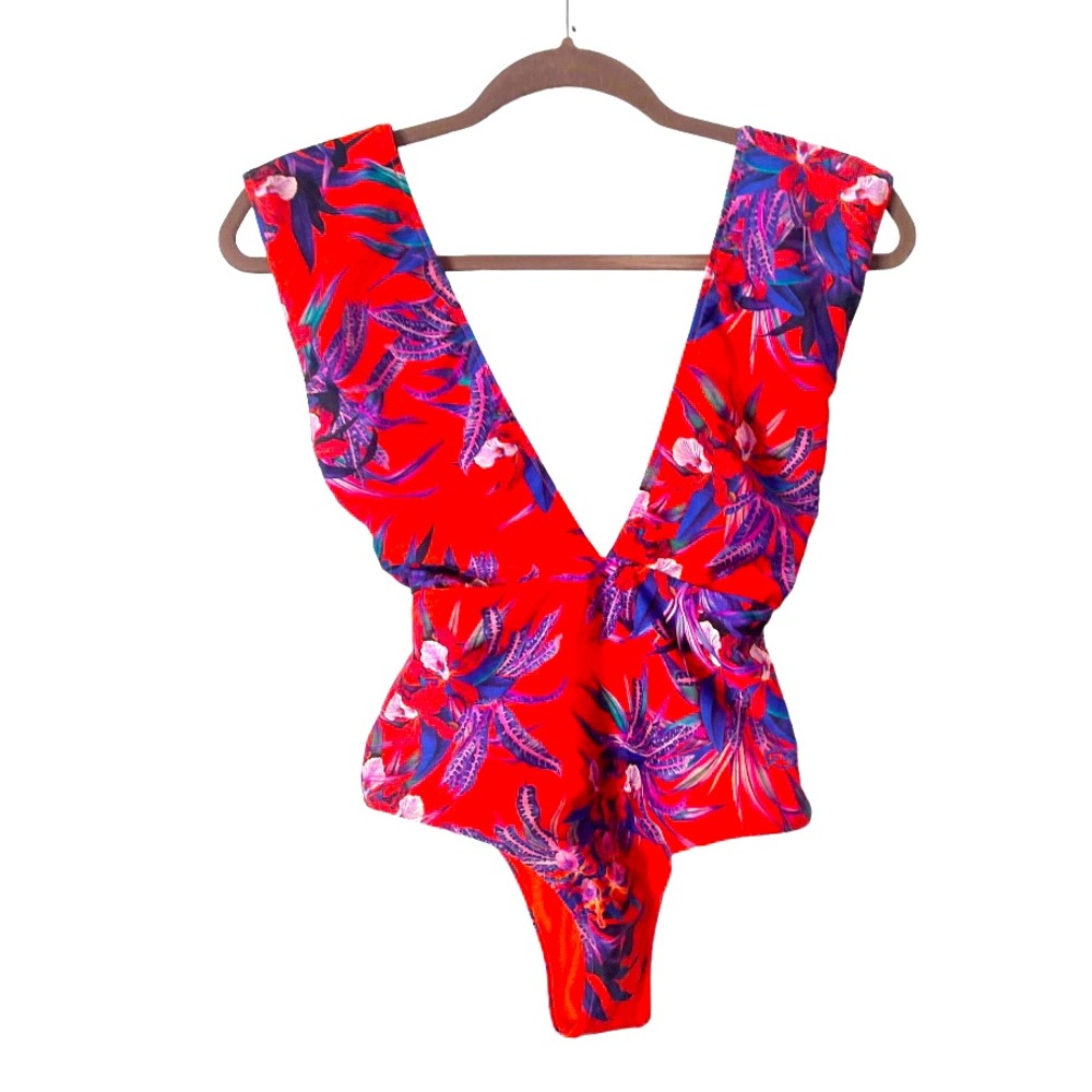 BlueMan Brazilian One Piece Orange Floral Deep‎ V-Neck Swimsuit